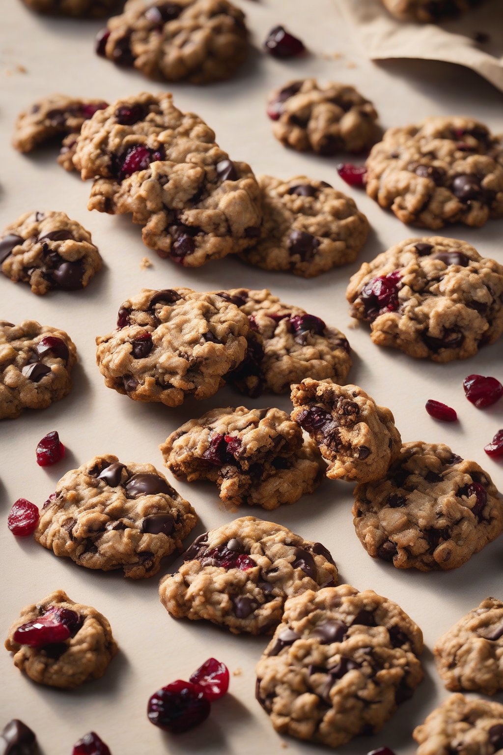 A high-resolution photo of dark chocolate cranberry oatmeal cookies scattered on a table under soft lighting.