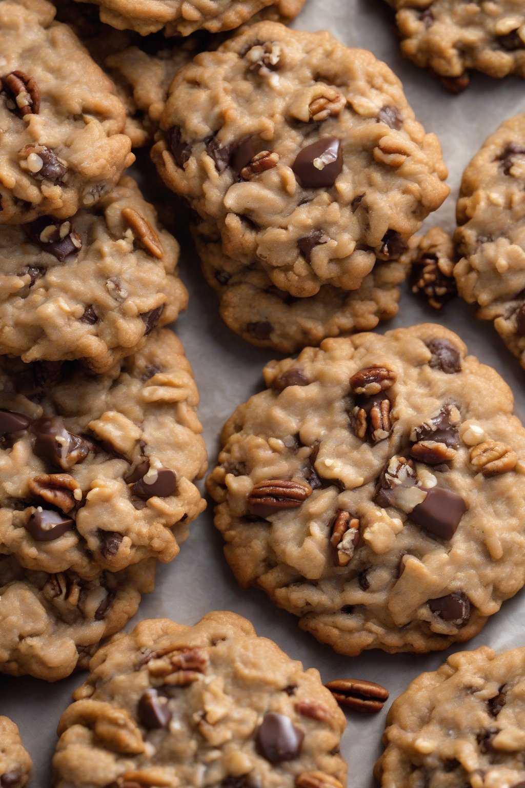 A high-resolution photo of maple pecan oatmeal chocolate chip cookies with nutty texture under soft lighting.