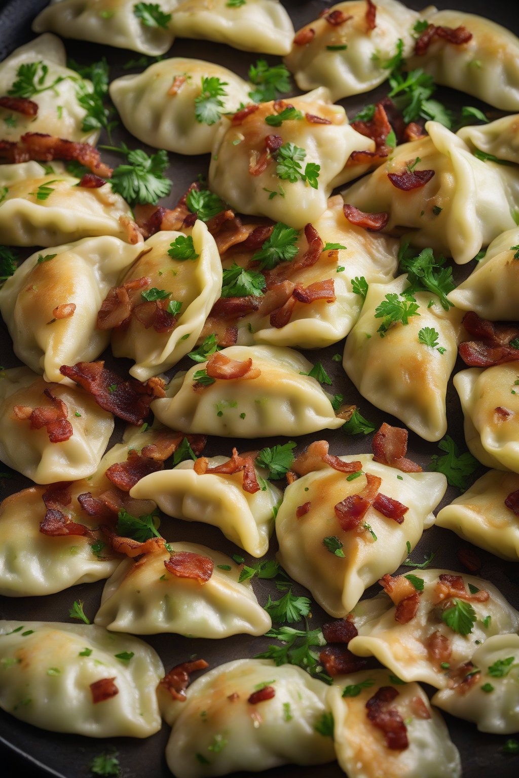 A high-resolution photo of cabbage perogies piled high, scattered with fried bacon and parsley, under soft lighting.