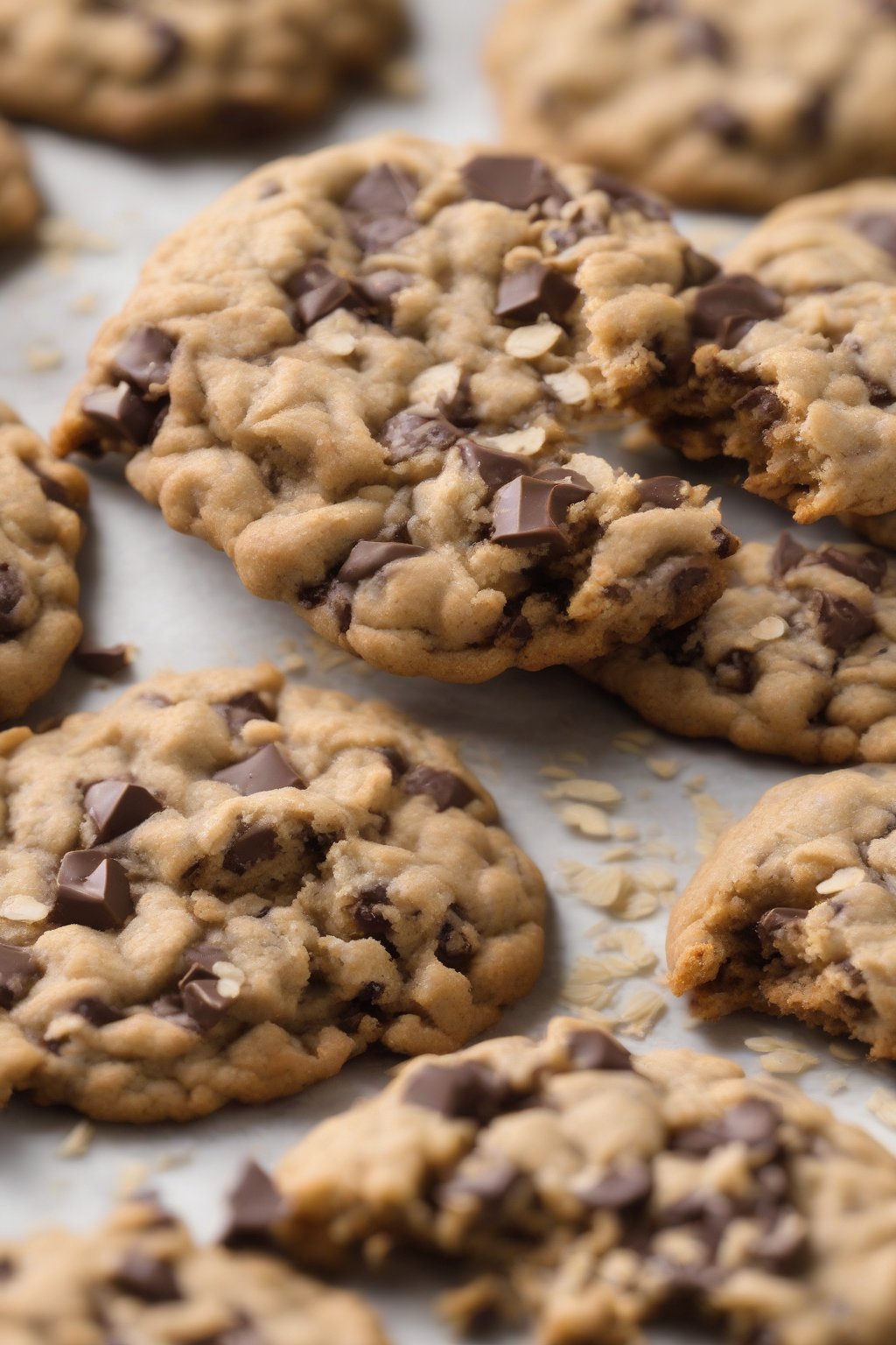 A high-resolution photo of gluten-free oatmeal chocolate chip cookies broken to show texture under soft lighting.