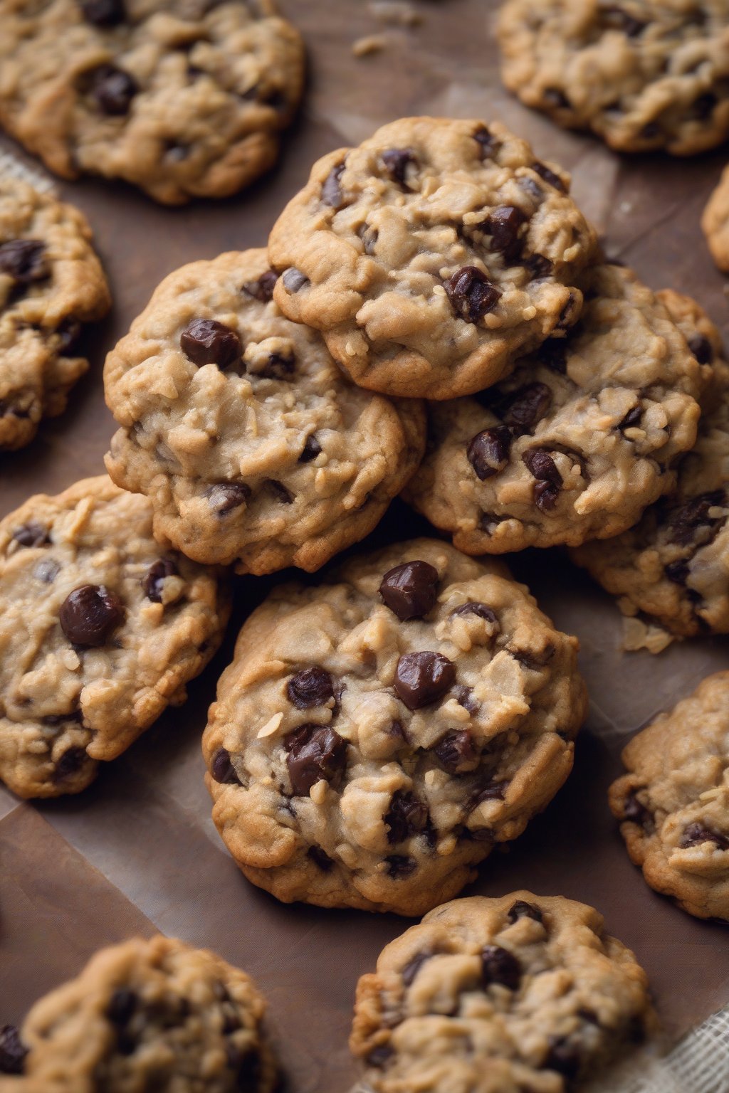 A high-resolution photo of chewy raisin oatmeal chocolate chip cookies with plump raisins under soft lighting.
