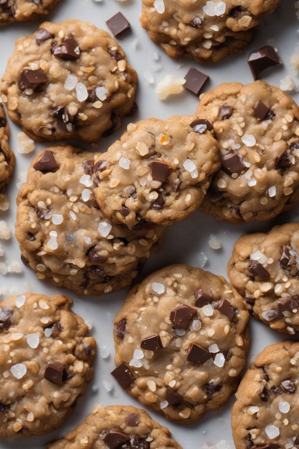 A high-resolution photo of sea salt toffee oatmeal chocolate chip cookies with salty crystals under soft lighting.
