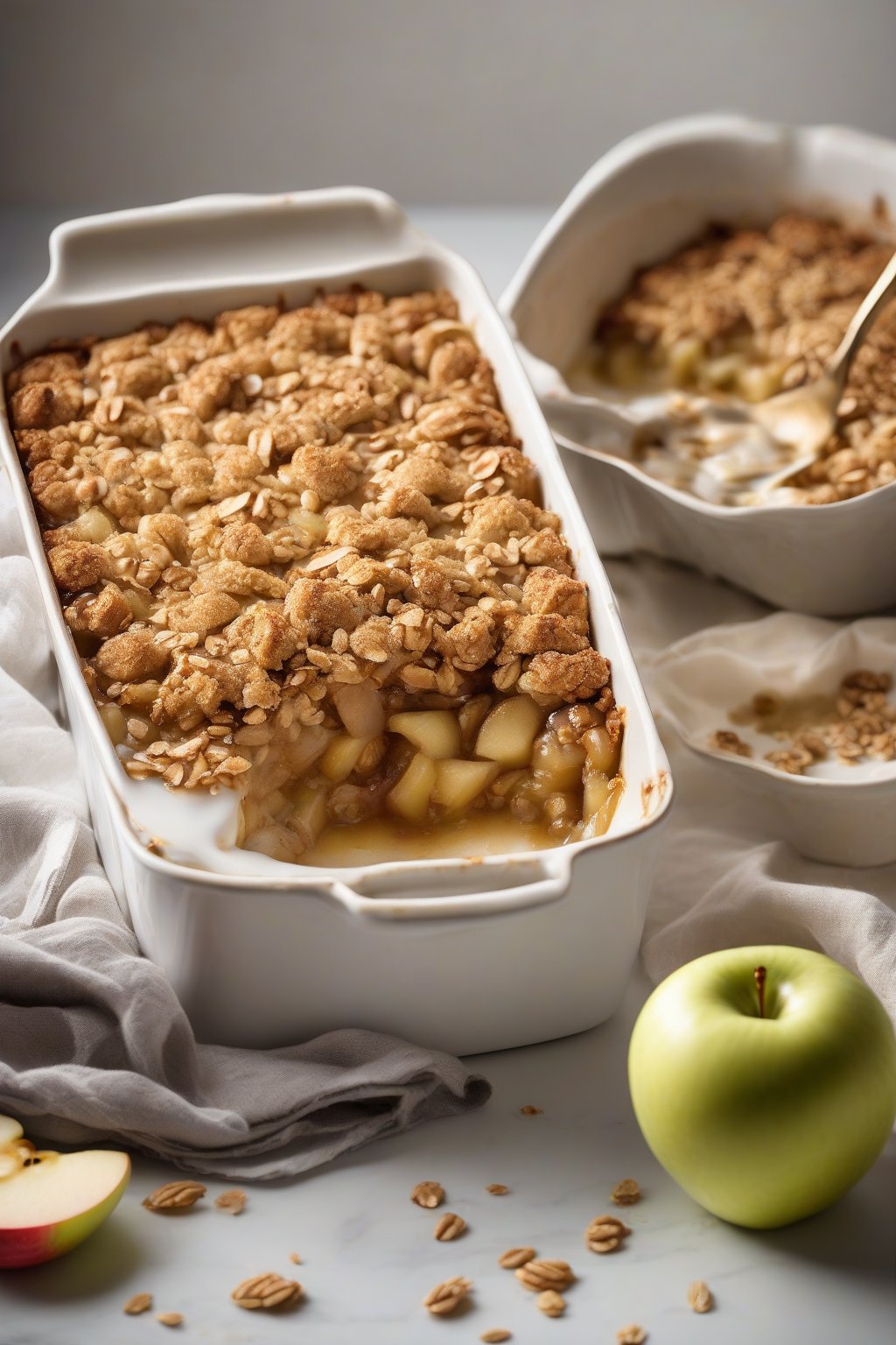A high-resolution photo of a golden classic apple crisp bubbling in a white baking dish, topped with crunchy oats, under soft lighting.