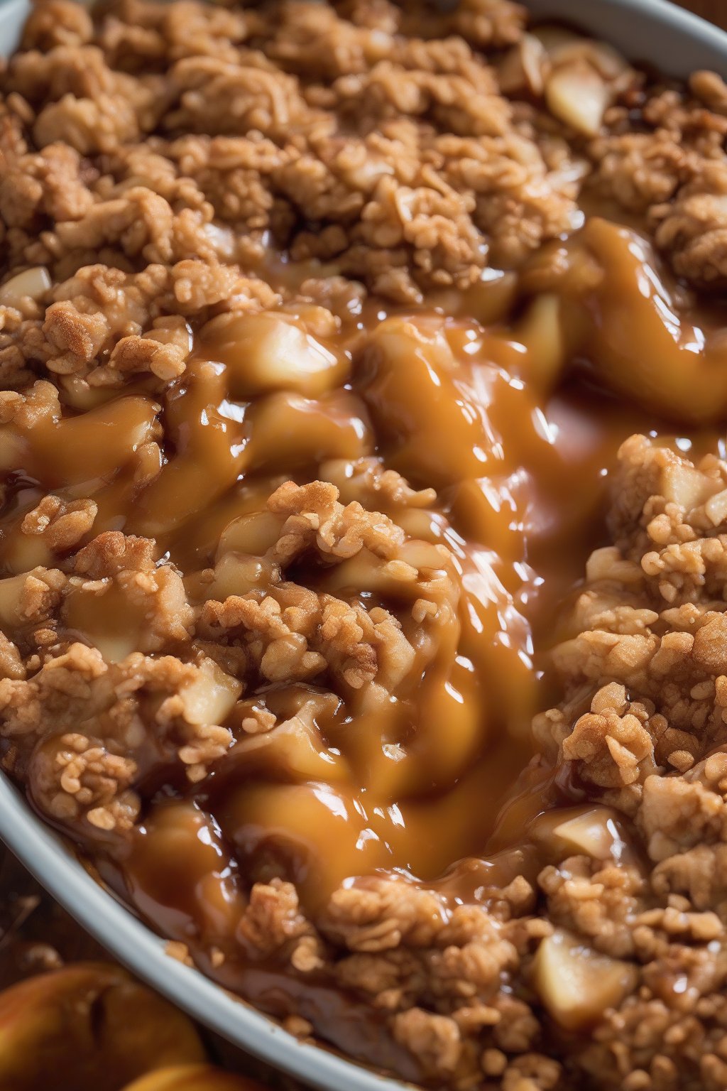 A high-resolution close-up photo of caramel apple crisp with oozing caramel rivers over crisp topping, served in a bowl, under soft lighting.