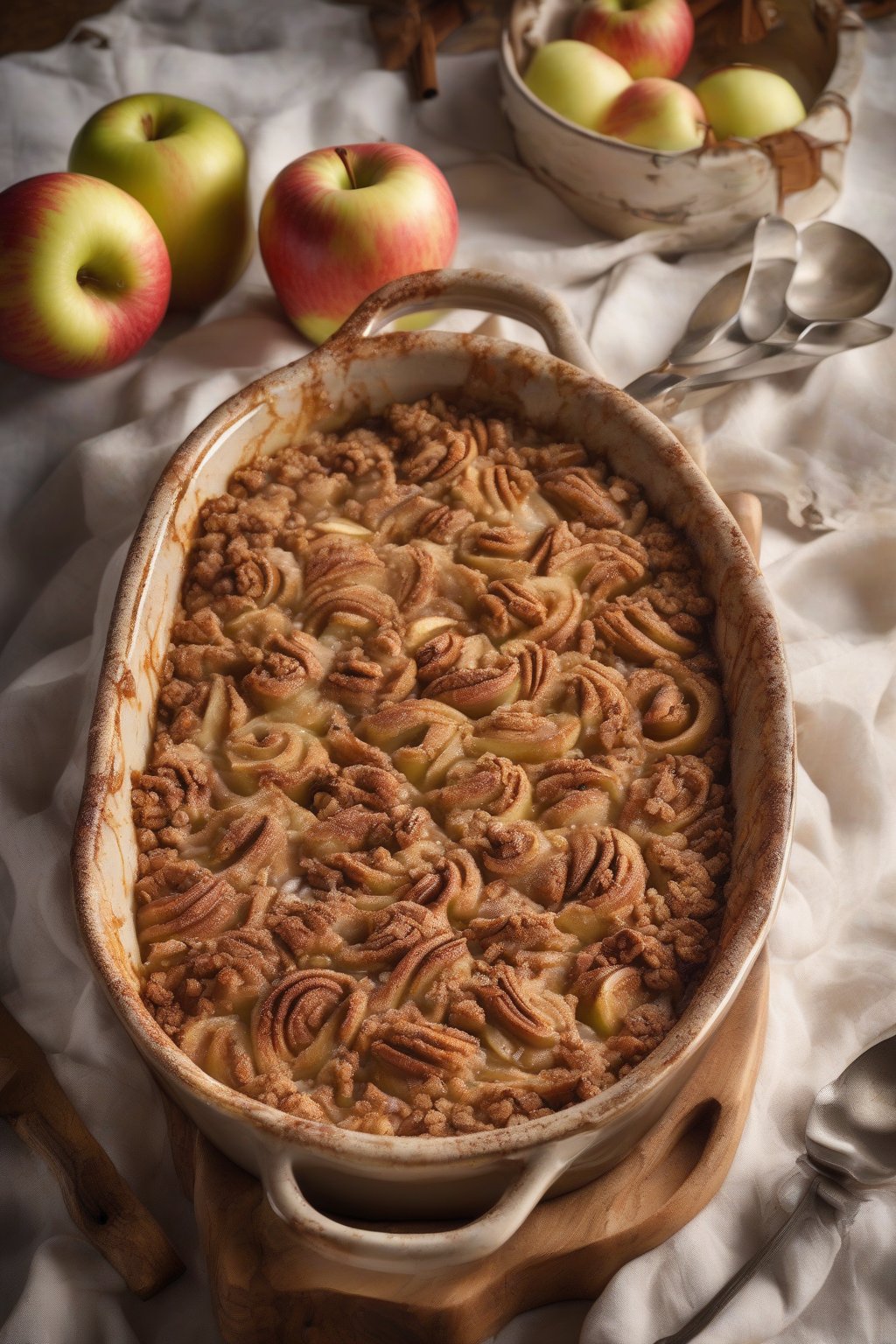 A high-resolution photo of cinnamon swirl apple crisp with visible spicy layers, steam rising from the dish, under soft lighting.