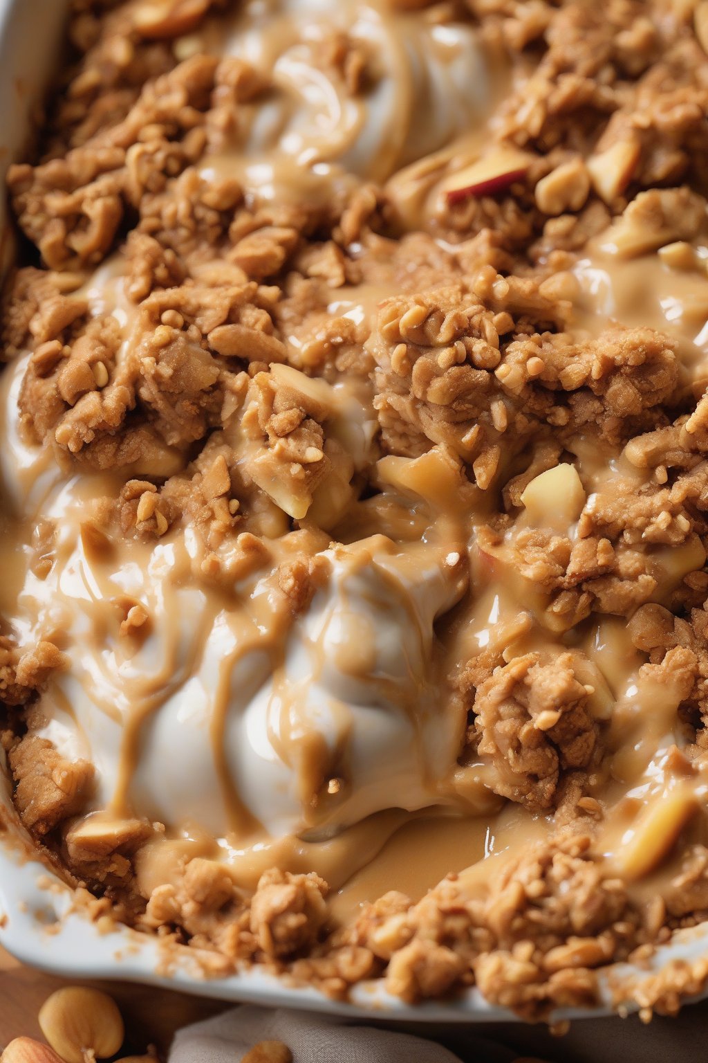 A high-resolution close-up photo of peanut butter apple crisp with creamy nut flecks in the golden topping, under soft lighting.