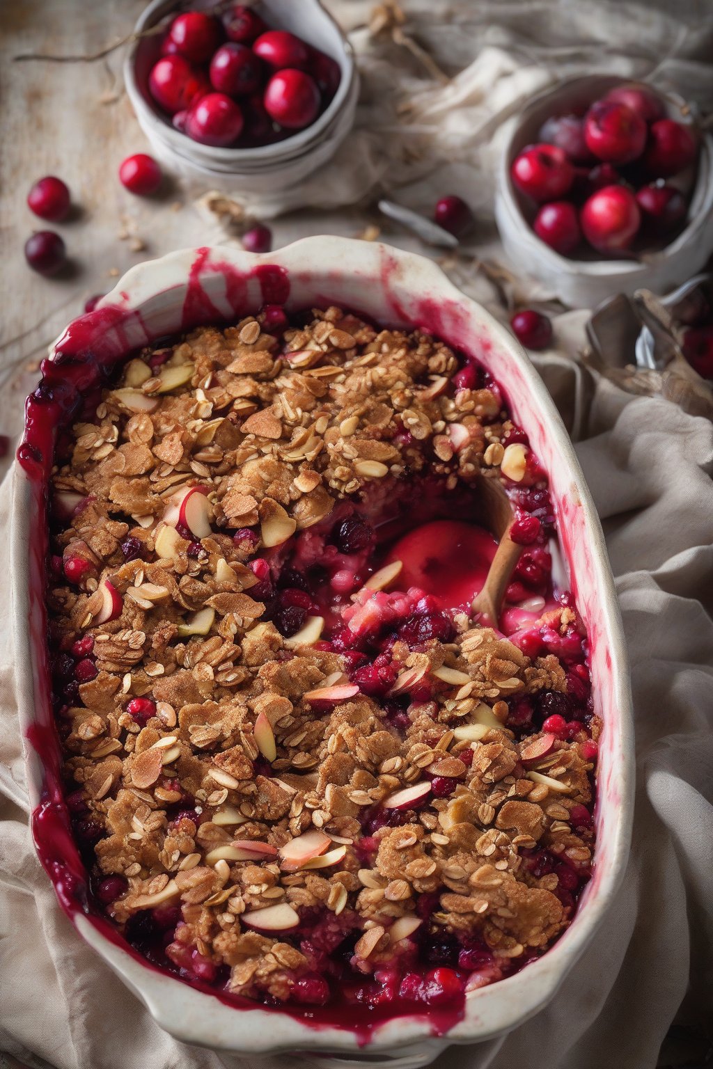 A high-resolution photo of vibrant cranberry apple crisp with red berries peeking through oat topping, in a rustic dish, under soft lighting.