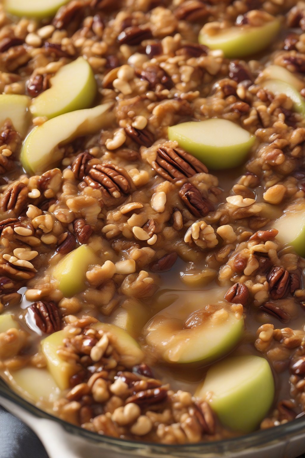 A high-resolution close-up photo of maple pecan apple crisp topped with crunchy nuts and glossy syrup, under soft lighting.