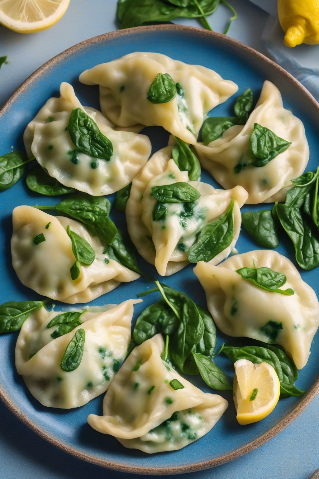 A high-resolution photo of vibrant green spinach and feta perogies on a blue plate, with lemon wedges, under soft lighting.