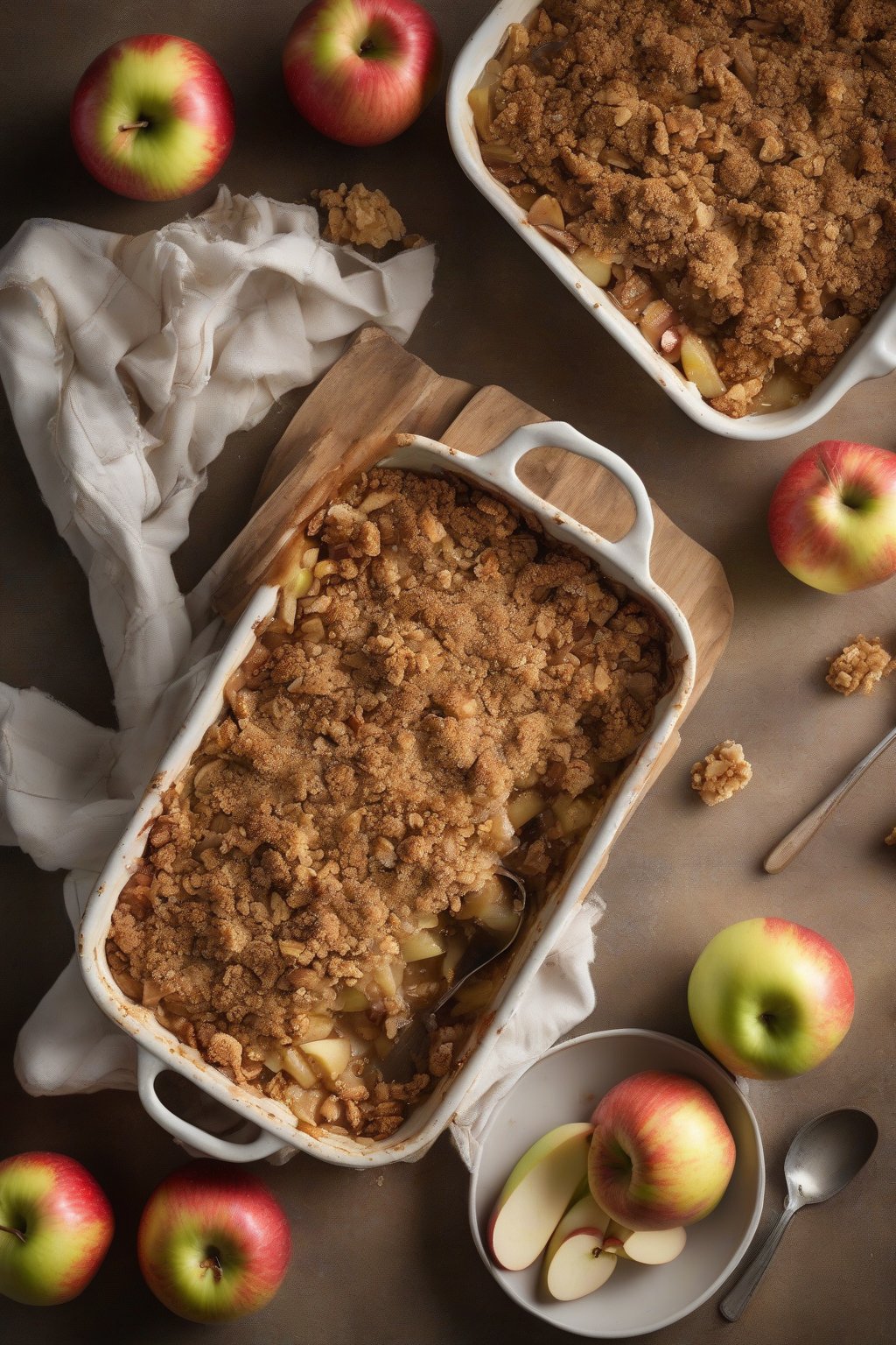 A high-resolution photo of gluten-free apple crisp with fine crumb topping over sliced apples, served warm, under soft lighting.