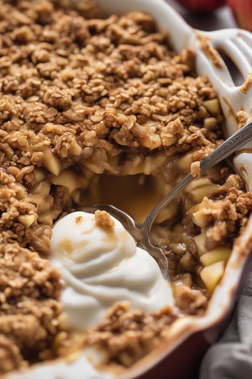 A high-resolution close-up photo of vegan apple crisp with golden oat crumble, no dairy shine, under soft lighting.