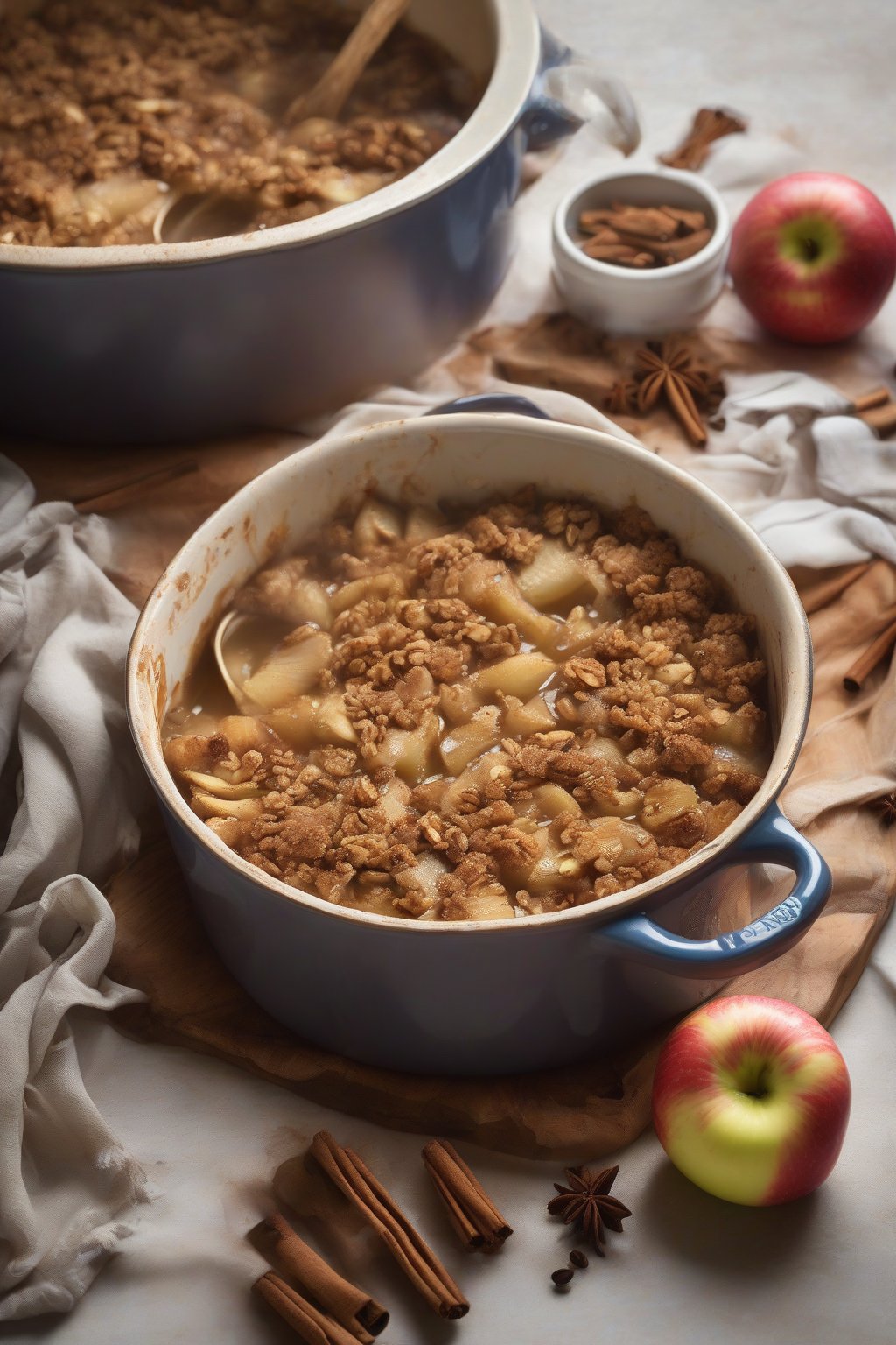 A high-resolution photo of chai-spiced apple crisp steaming with aromatic spices visible, under soft lighting.