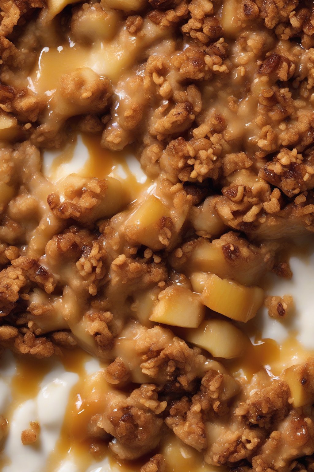 A high-resolution close-up photo of bourbon apple crisp with deep caramelized edges, under soft lighting.