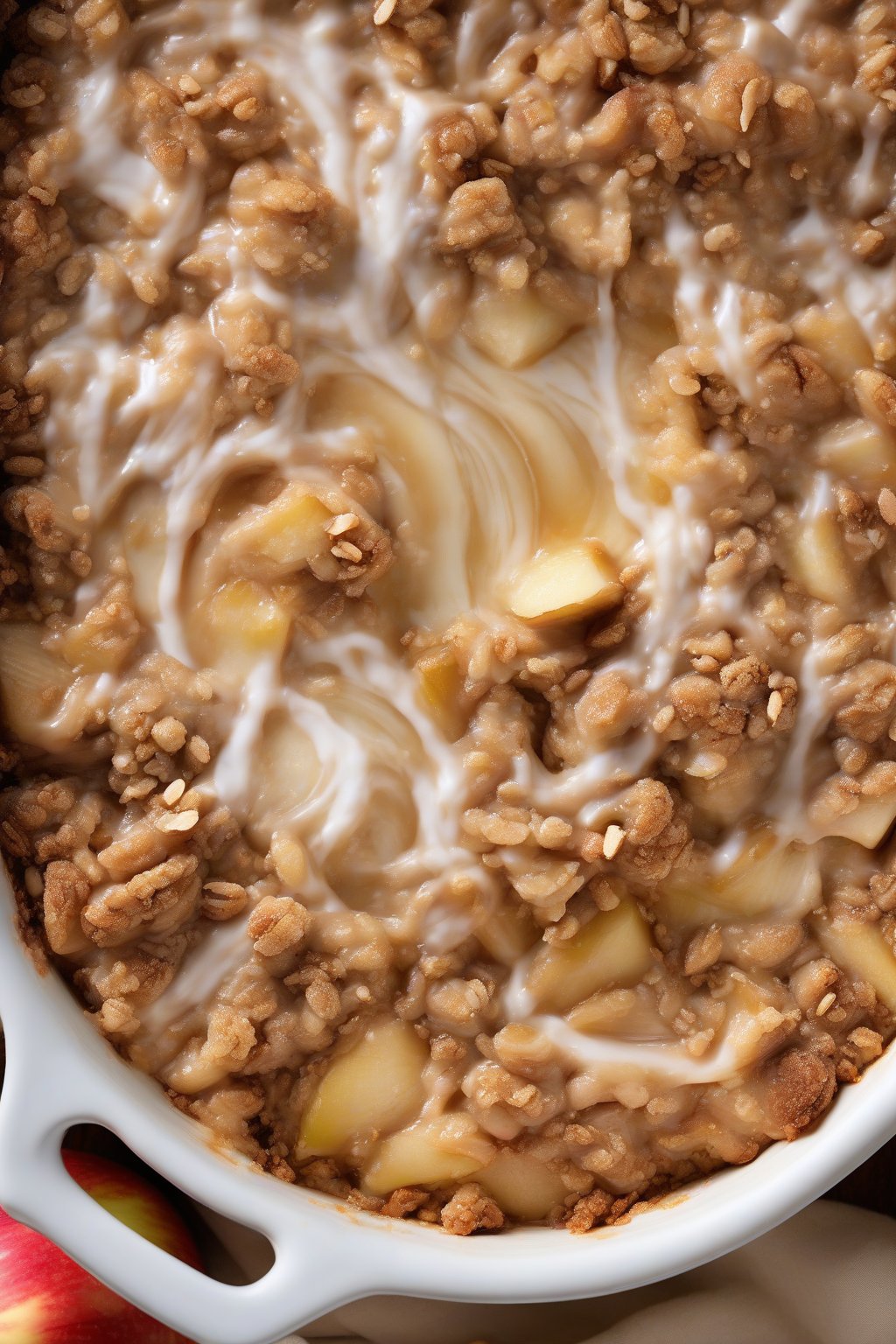 A high-resolution photo of cheesecake apple crisp with creamy white swirls under oats, bubbling, under soft lighting.