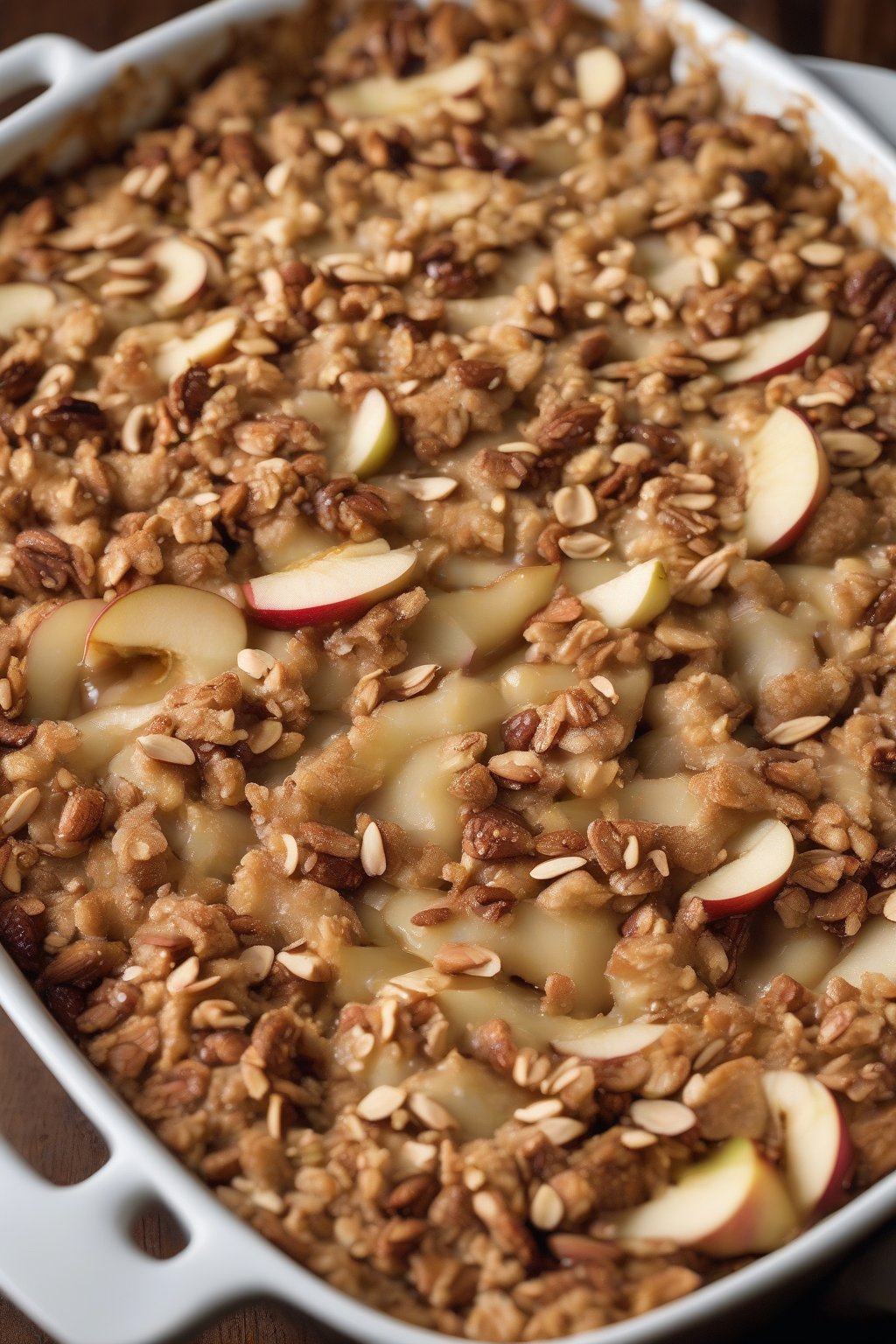 A high-resolution close-up photo of almond apple crisp with visible toasted nut pieces in topping, under soft lighting.
