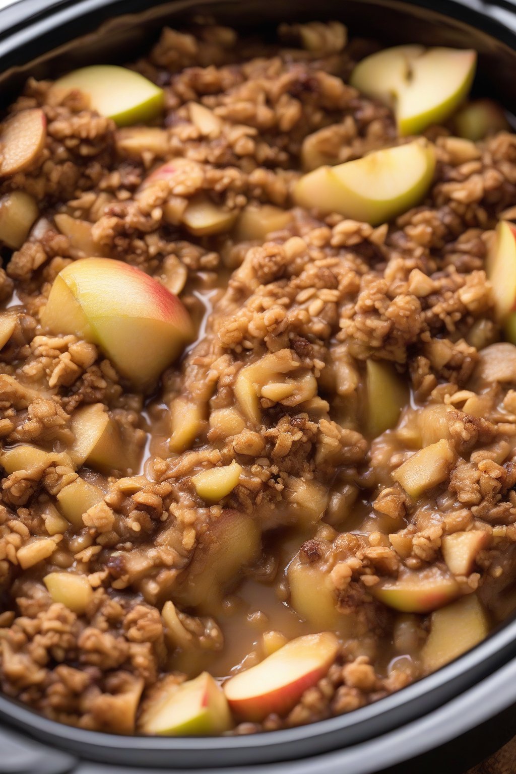 A high-resolution photo of slow cooker apple crisp with moist apples and crisp top, spooned out, under soft lighting.