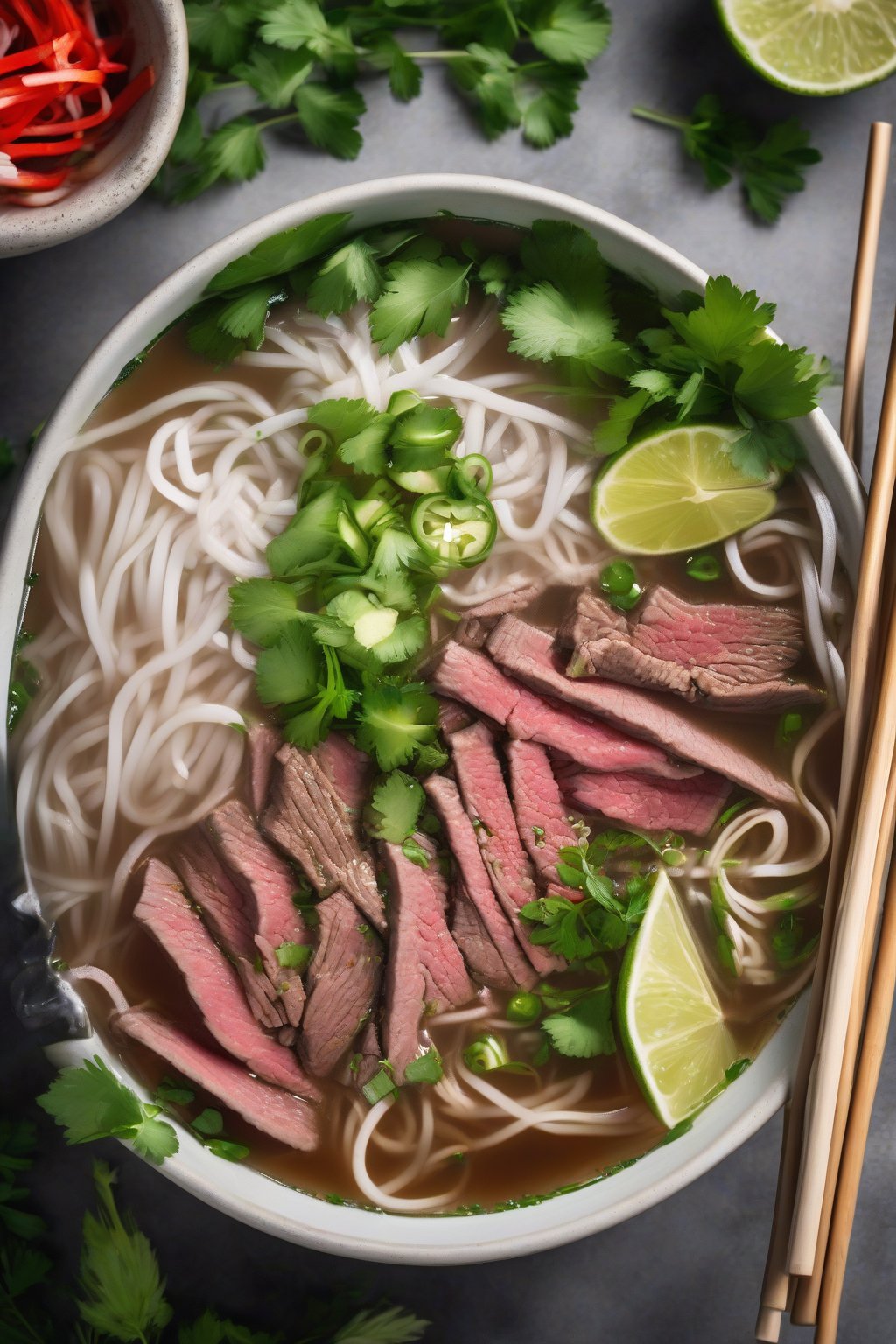 A high-resolution photo of a steaming bowl of classic beef pho with thinly sliced raw beef, fresh herbs, and lime wedges under soft lighting.