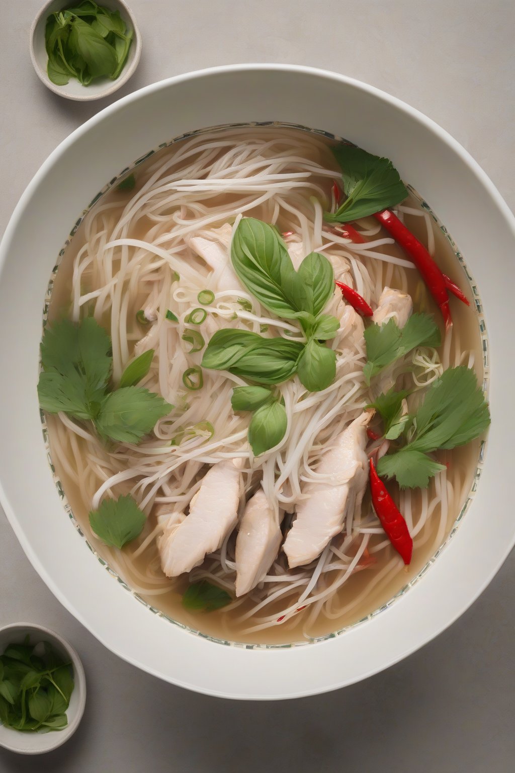 A high-resolution photo of chicken pho garnished with Thai basil, bean sprouts, and sliced chilies in a deep bowl under soft lighting.
