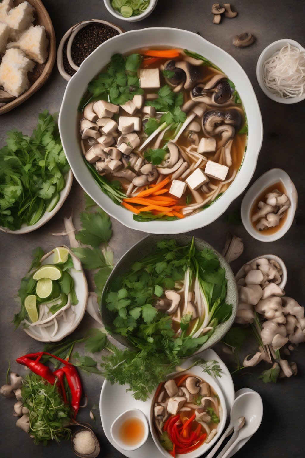 A high-resolution photo of vegetarian mushroom pho with colorful veggies, tofu cubes, and herb sprigs under soft lighting.