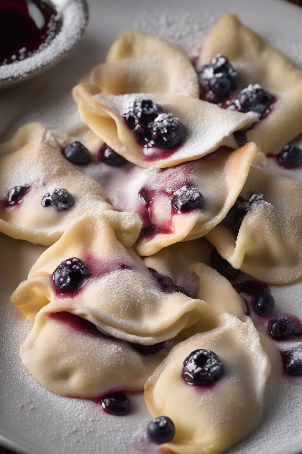 A high-resolution photo of blueberry perogies dusted with powdered sugar, sauce oozing out, under soft lighting.