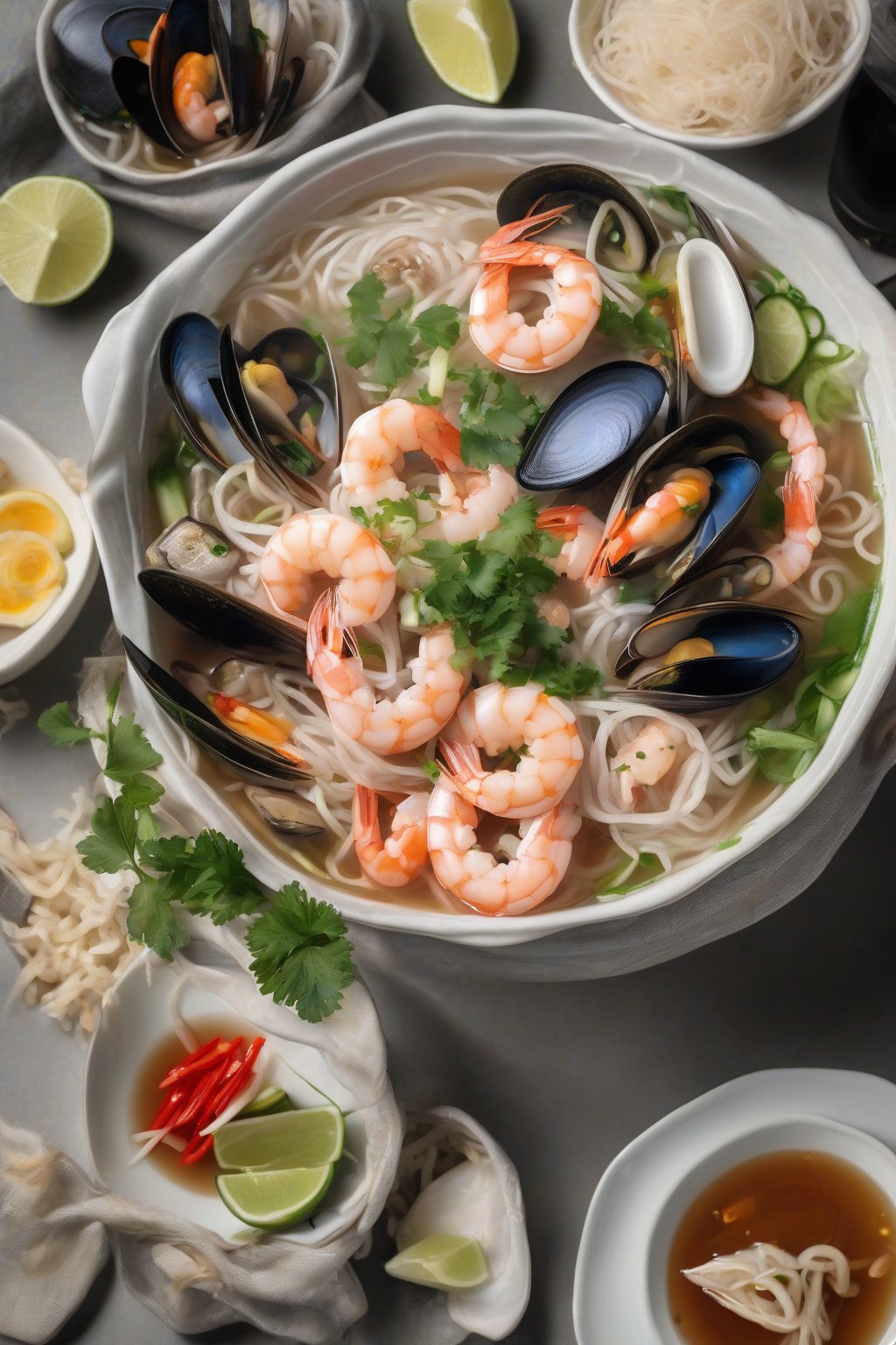 A high-resolution photo of seafood pho brimming with shrimp, squid rings, and mussels atop rice noodles under soft lighting.