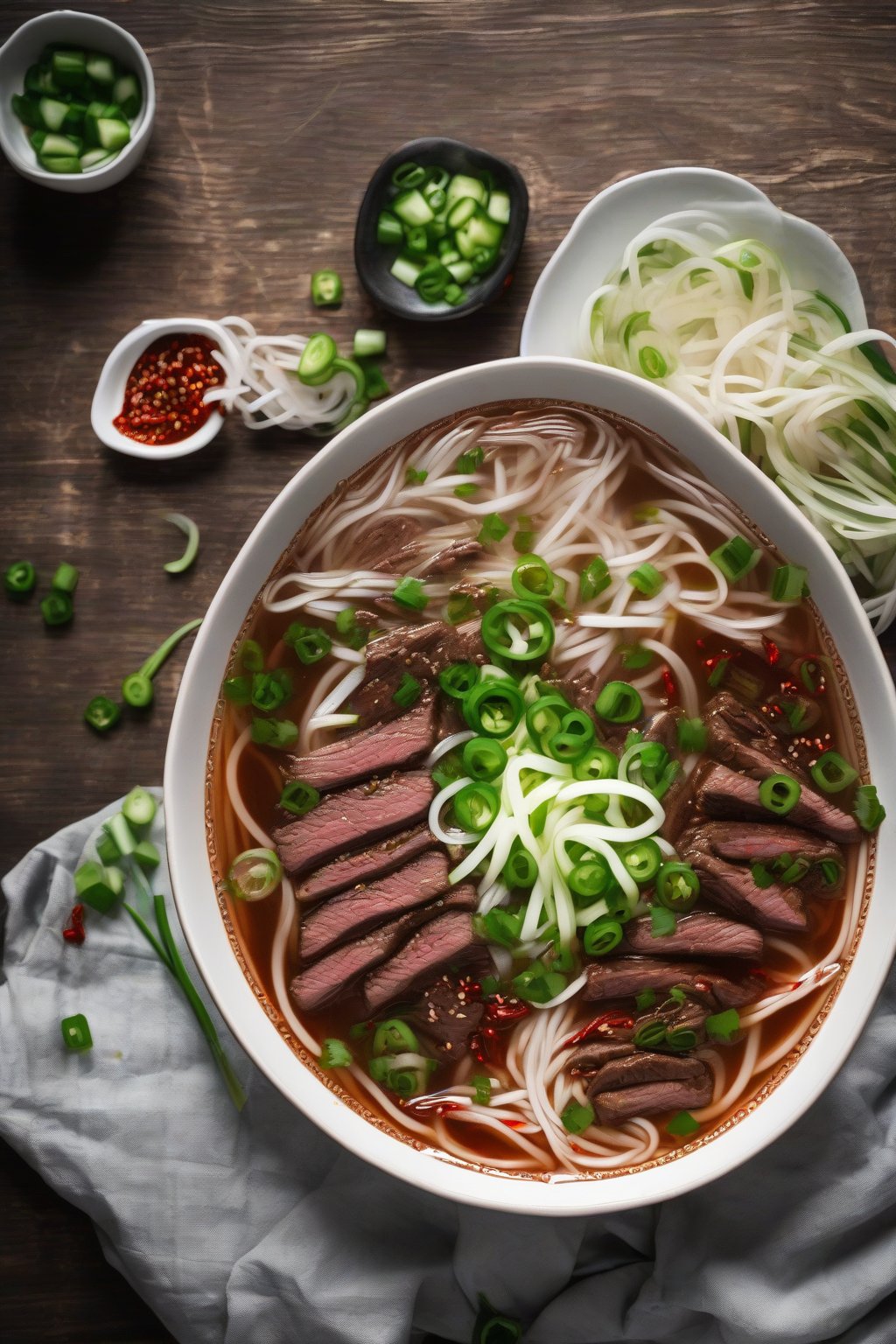 A high-resolution photo of spicy sriracha beef pho with red chili flecks and green onions under soft lighting.