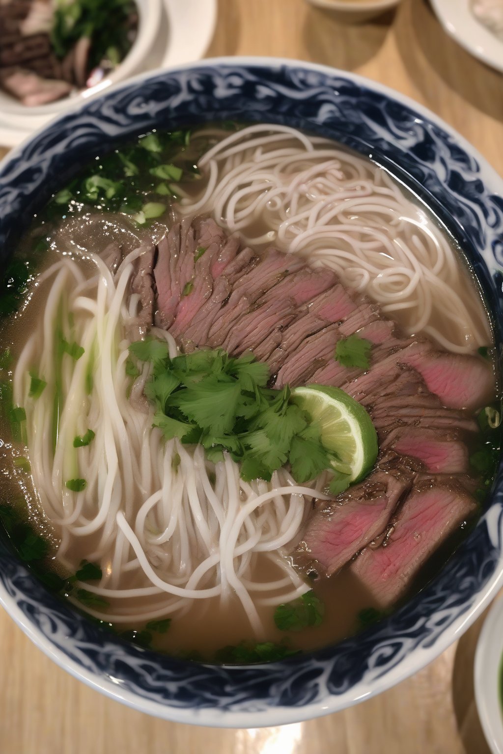 A high-resolution photo of pho with rare beef slices and tender brisket in fragrant broth under soft lighting.