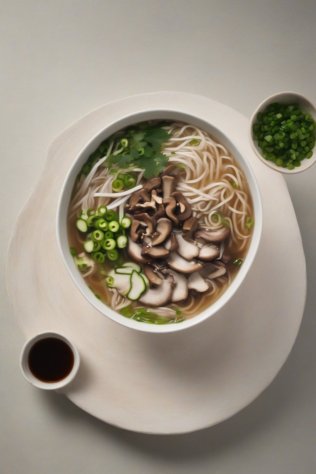 A high-resolution photo of shiitake mushroom pho with layered fungi and scallions under soft lighting.