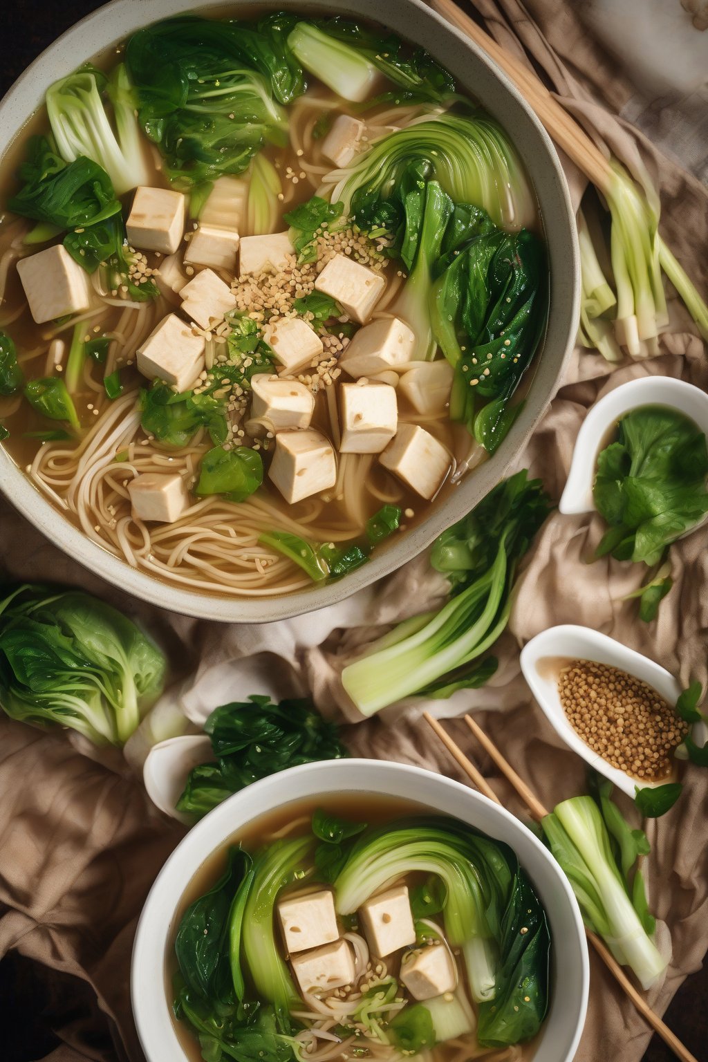 A high-resolution photo of tofu pho with golden bok choy and sesame seeds under soft lighting.