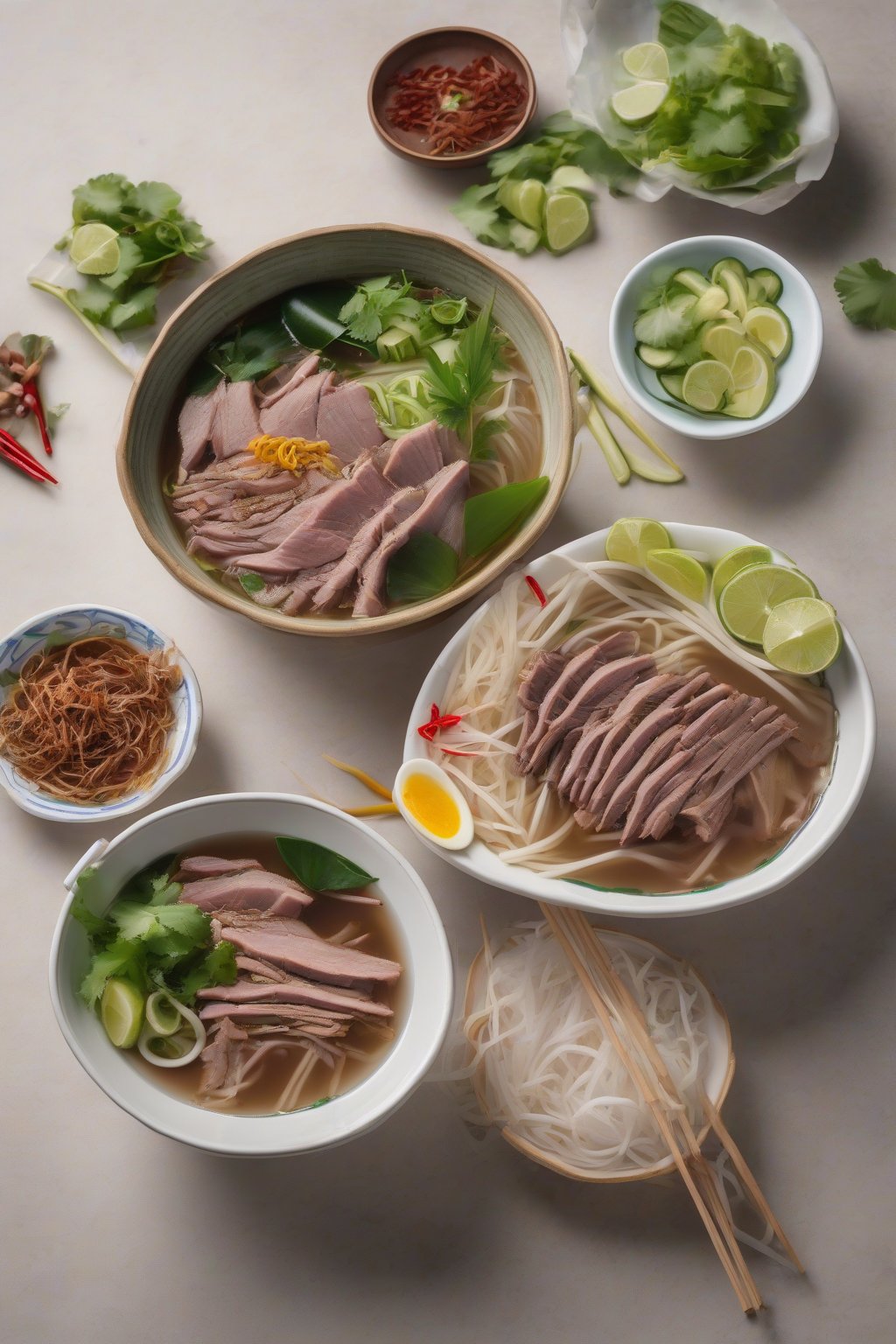 A high-resolution photo of duck pho with shredded meat and star fruit under soft lighting.