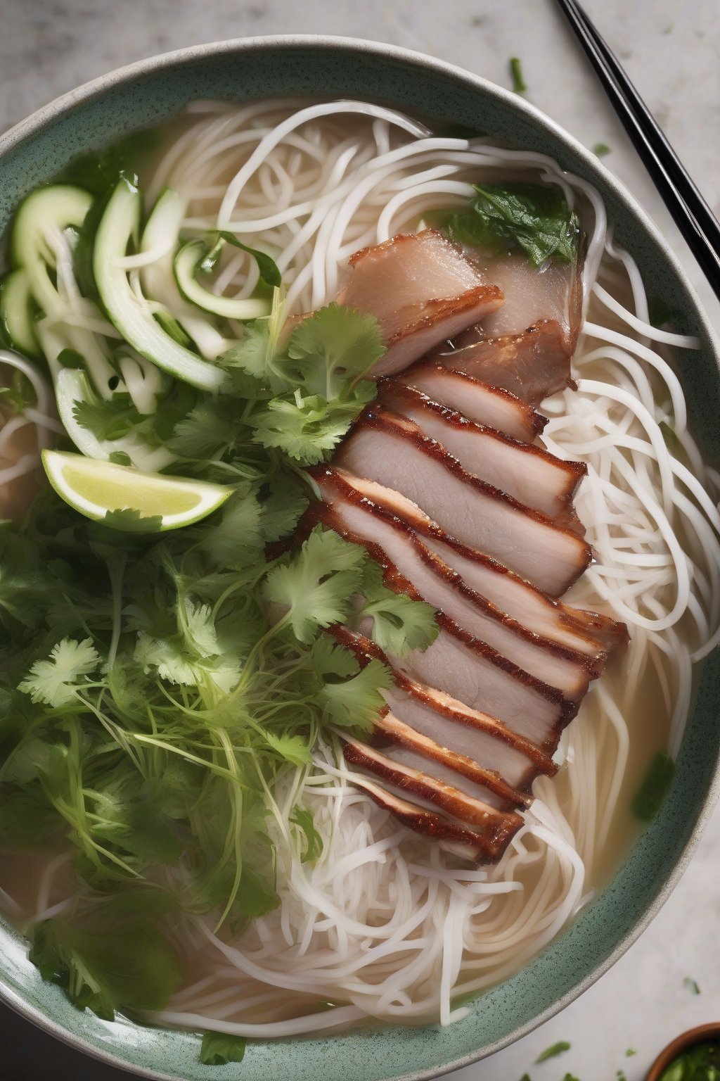 A high-resolution photo of pork belly pho with crispy edges and pickled greens under soft lighting.