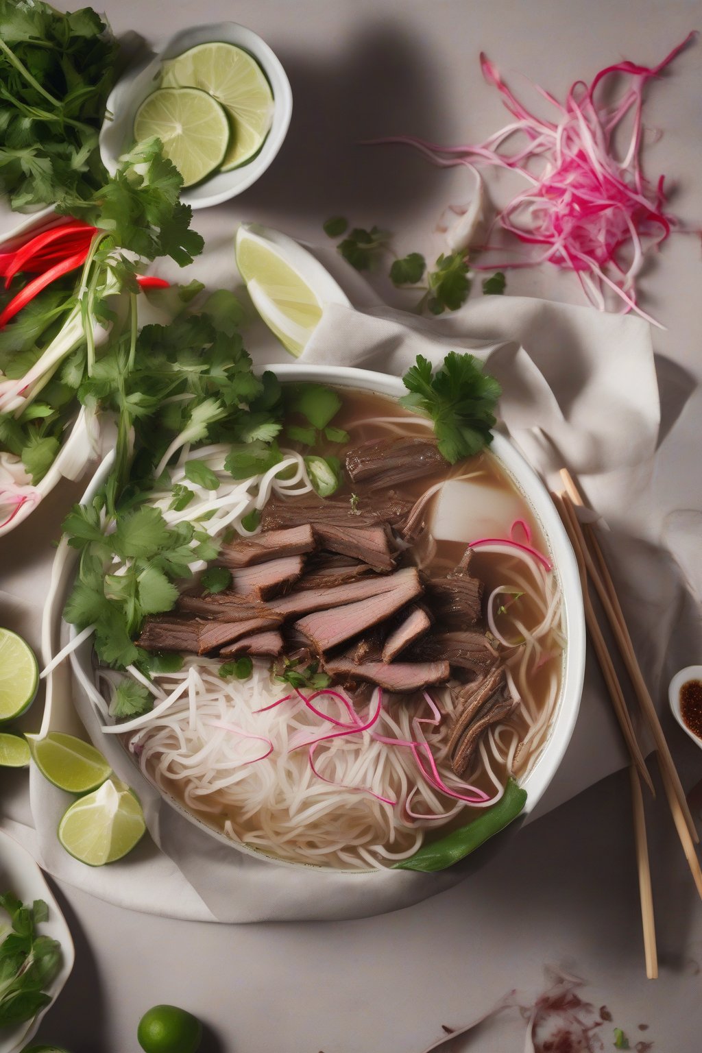 A high-resolution photo of short rib pho with shredded beef and radish slices under soft lighting.