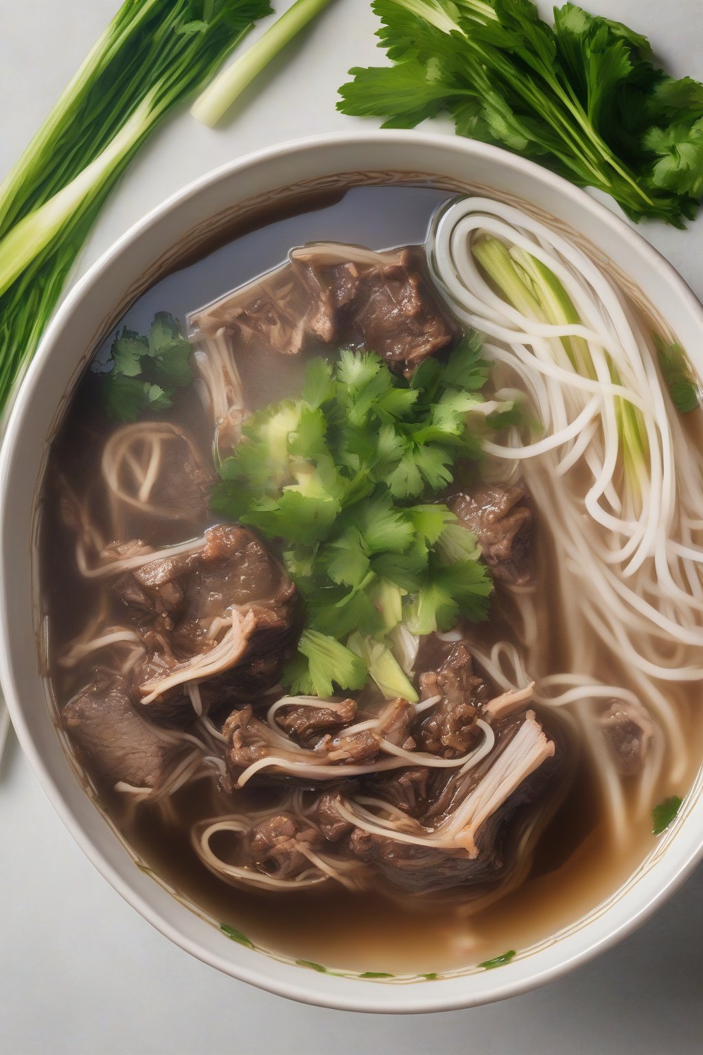A high-resolution photo of oxtail pho with tender meat chunks in glossy broth under soft lighting.