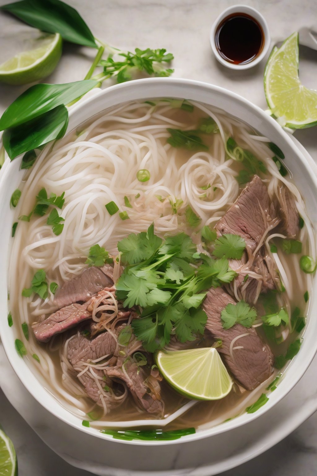 A high-resolution photo of lemongrass beef pho with tendon slices and lime leaves under soft lighting.
