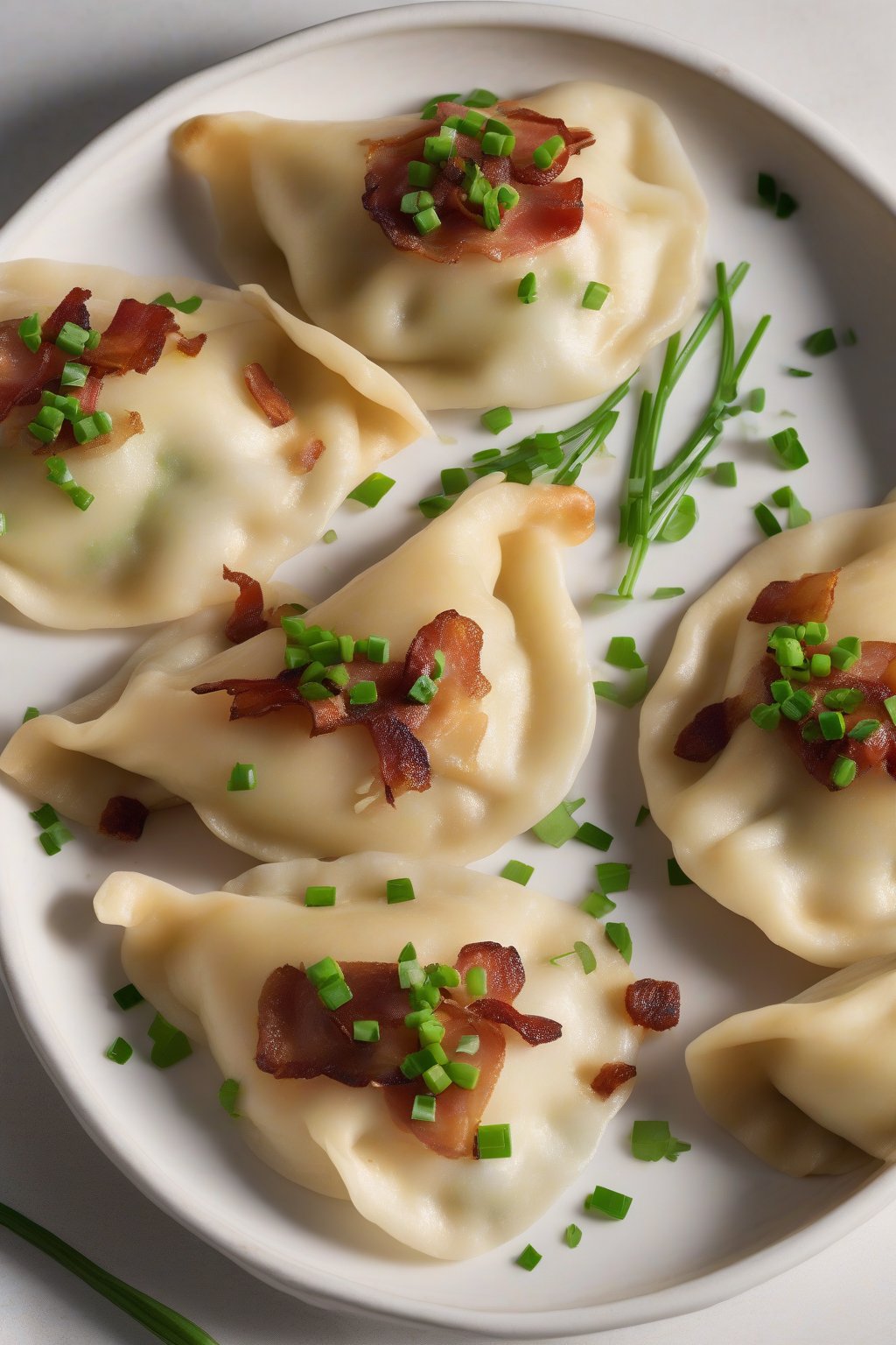 A high-resolution photo of bacon-mushroom perogies with crispy edges, topped with chives, under soft lighting.