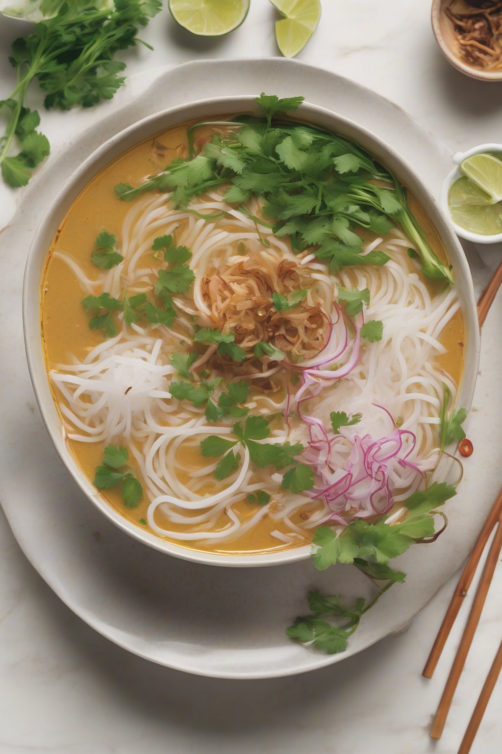 A high-resolution photo of coconut curry pho topped with fried shallots and herbs under soft lighting.