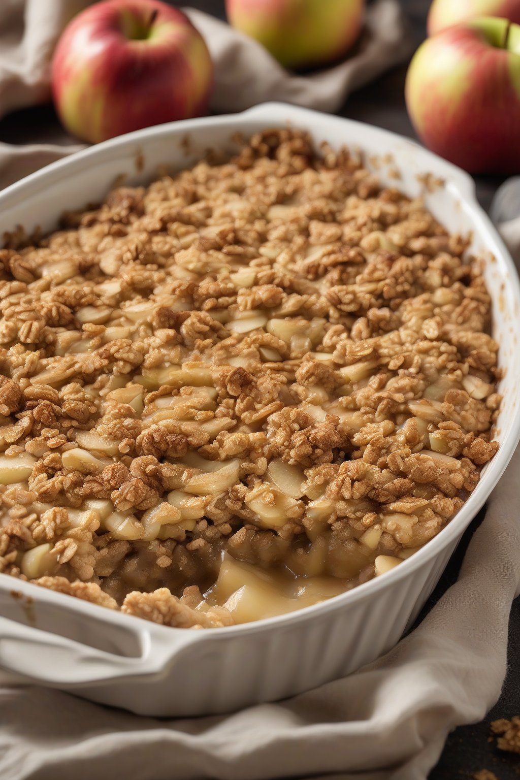 A high-resolution photo of classic oatmeal apple crisp with golden crunchy topping in a white baking dish, steam rising, under soft lighting.