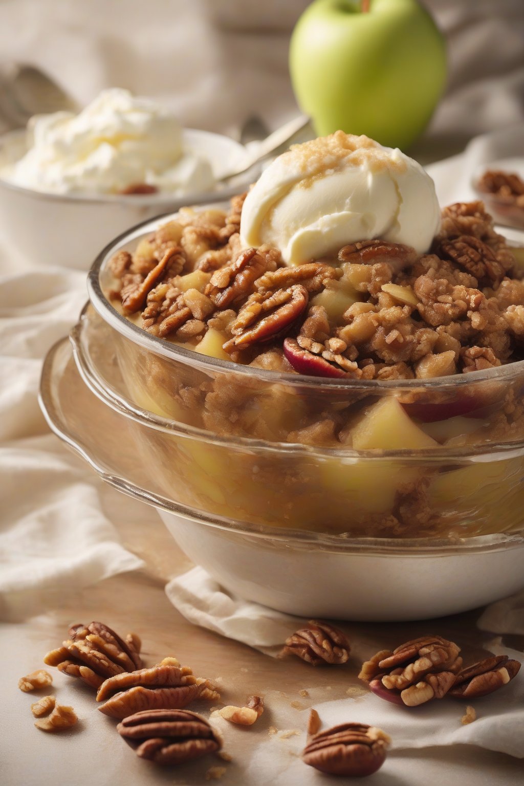 A high-resolution photo of pecan crunch apple crisp with visible nuts in the golden topping, served in a bowl with vanilla ice cream, under soft lighting.