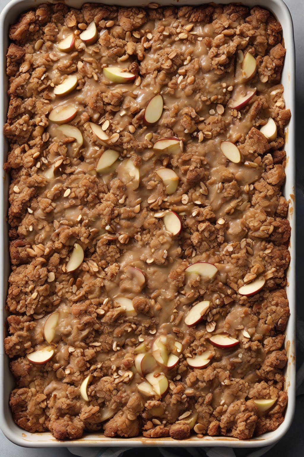 A high-resolution photo of almond butter apple crisp with chunky nut topping, fresh out of the oven, under soft lighting.