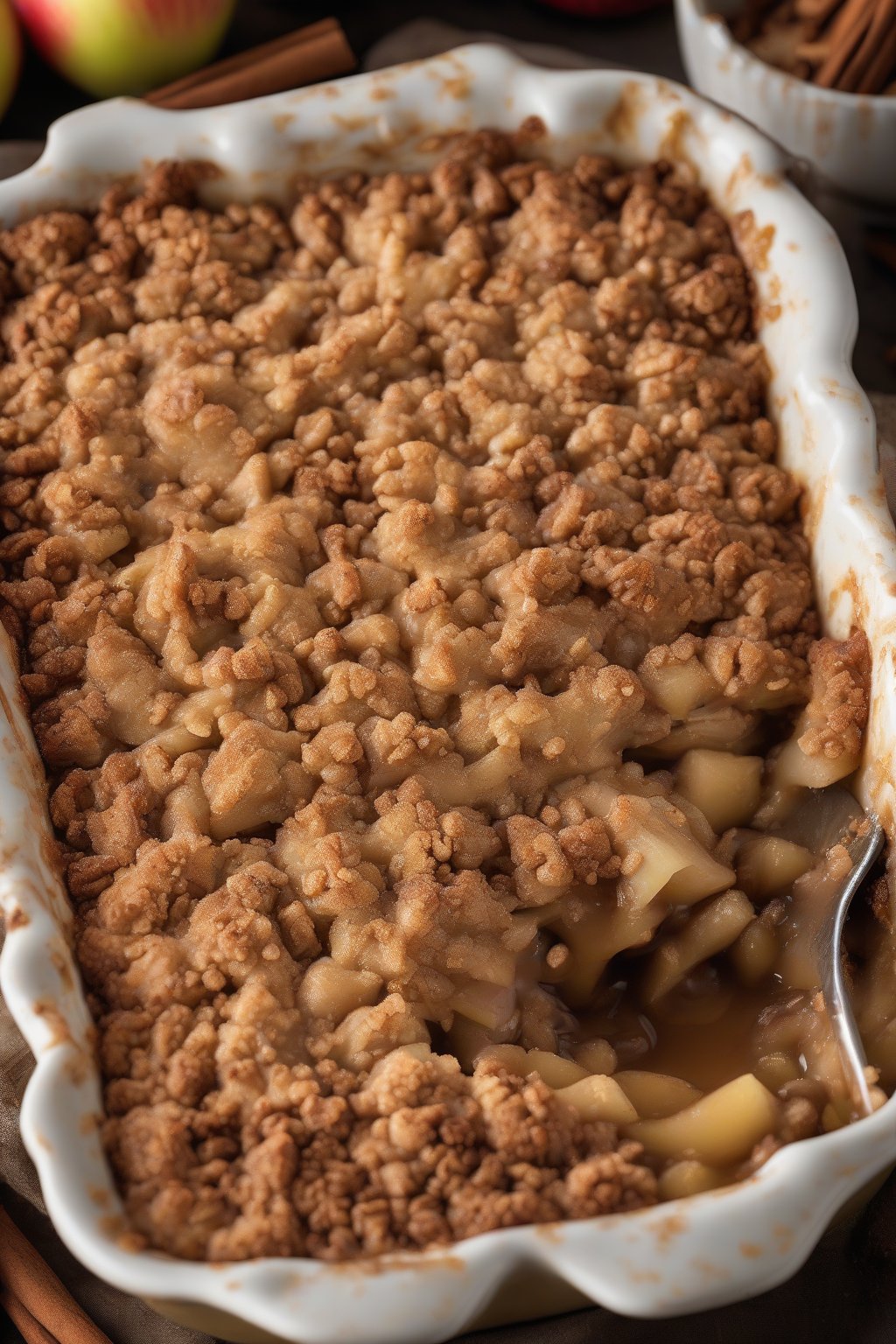 A high-resolution photo of cinnamon streusel apple crisp with thick, clumpy golden topping bubbling at edges, under soft lighting.