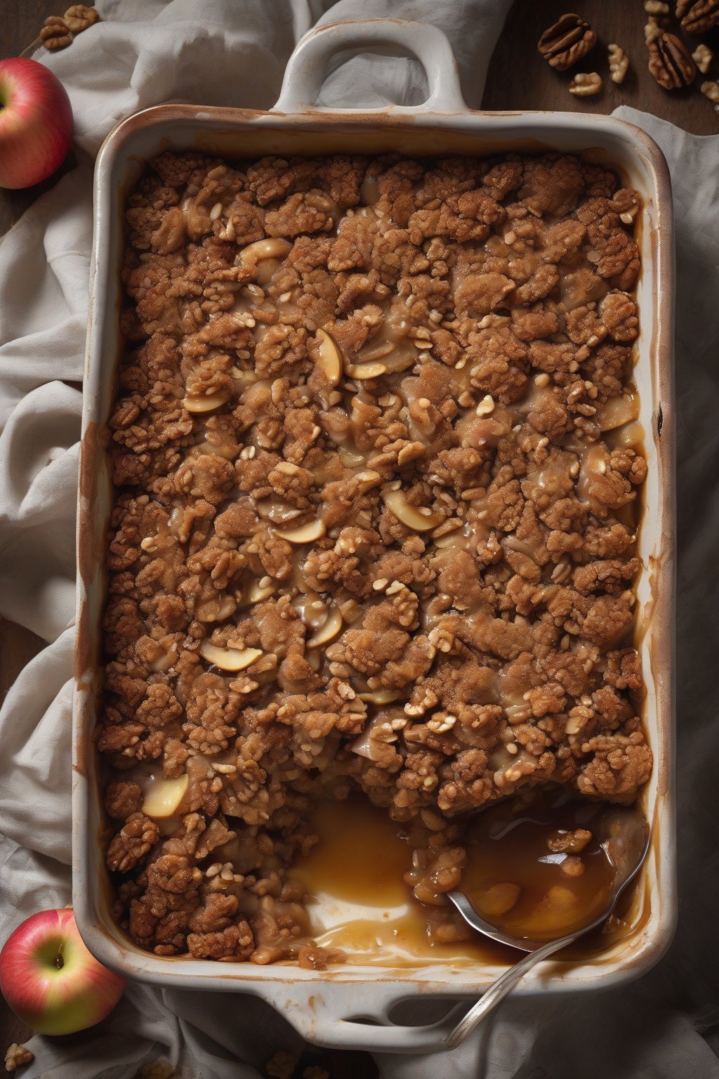 A high-resolution photo of walnut maple apple crisp with glossy syrup edges and nutty topping, in a rustic dish, under soft lighting.