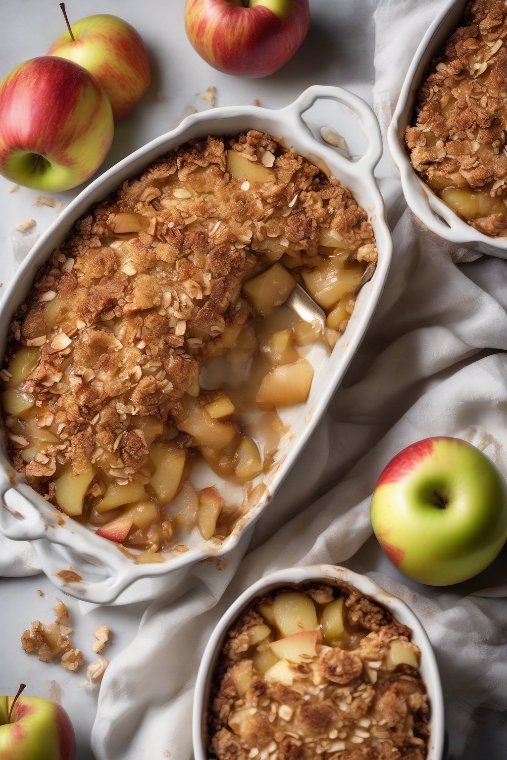 A high-resolution photo of coconut crunch apple crisp with toasted flakes on top, caramelized apples peeking through, under soft lighting.