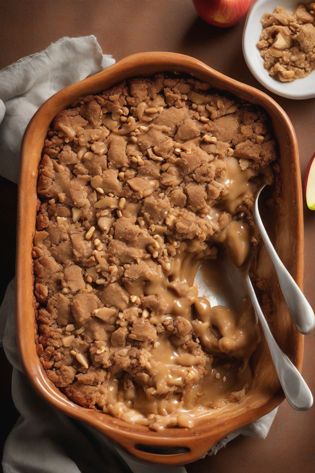 A high-resolution photo of peanut butter apple crisp with chunky peanut topping and gooey center, under soft lighting.