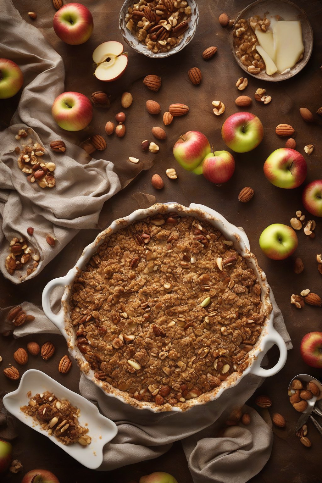 A high-resolution photo of hazelnut apple crisp with roasted nuts scattered on crisp topping, warm glow, under soft lighting.