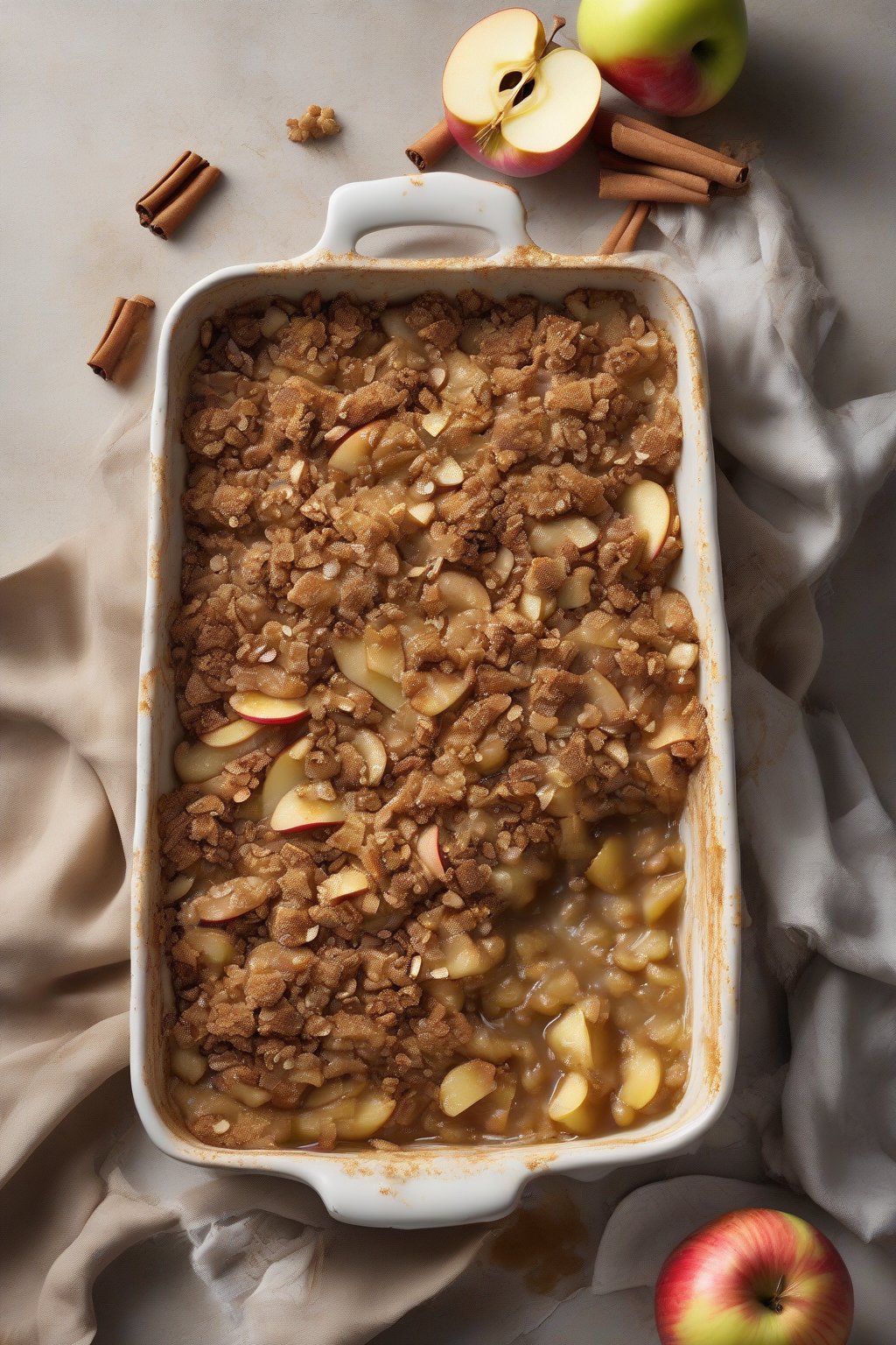 A high-resolution photo of ginger spiced apple crisp with sparkling ginger bits in the topping, aromatic steam, under soft lighting.