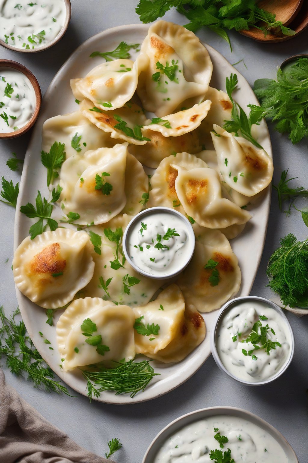 A high-resolution photo of chicken dill perogies alongside yogurt dip, fresh herbs scattered, under soft lighting.