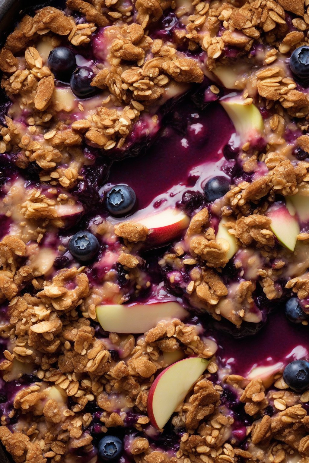 A high-resolution photo of blueberry apple crisp with purple berry juices staining golden crunchy oats, under soft lighting.