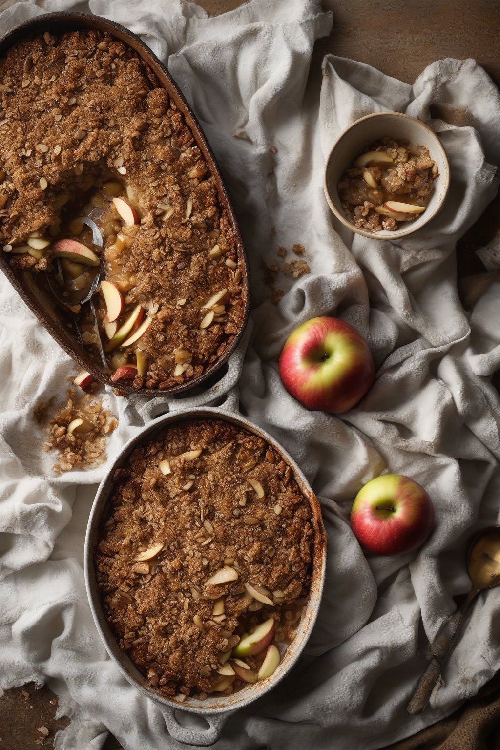 A high-resolution photo of cardamom apple crisp with seeded crunchy topping and spiced apples, under soft lighting.