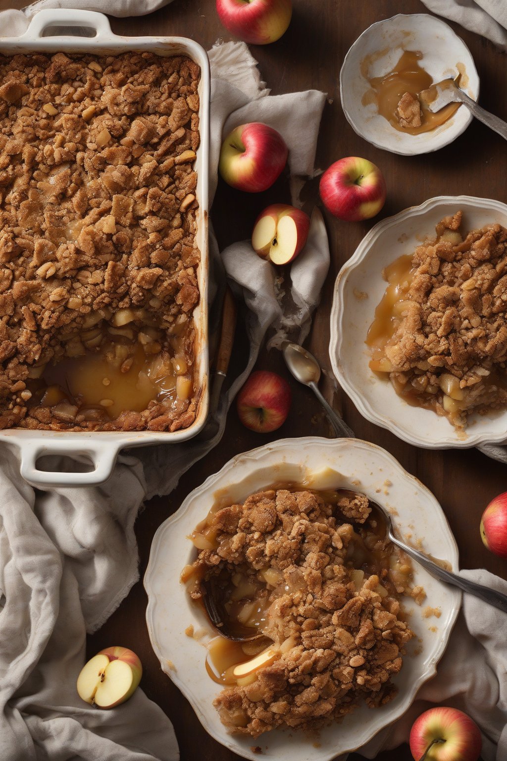 A high-resolution photo of brown butter apple crisp with deeply golden, nutty topping, buttery shine, under soft lighting.