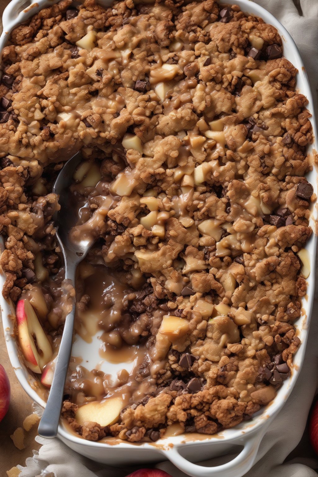A high-resolution photo of chocolate chip apple crisp with melty chips in crunchy oat topping, gooey center, under soft lighting.